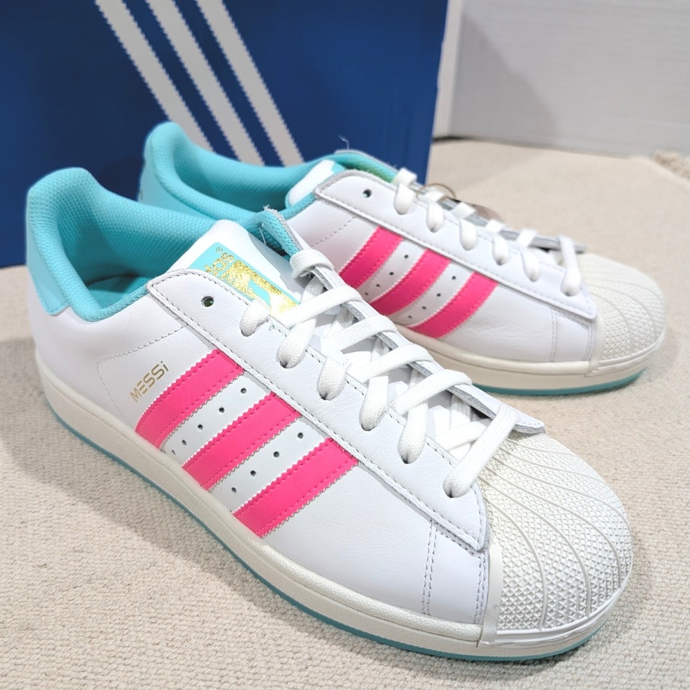 Adidas Superstar Messi White Pink Turquoise Sneakers JR1979 Mens 9.5 Womens 10.5